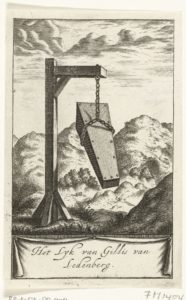 Engraving of a coffin hanging from a gallows